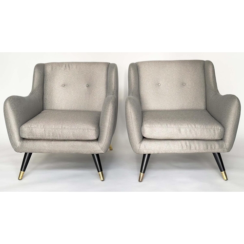 671 - HOOPER ARMCHAIRS, a pair, 1960s style with silver grey upholstery and outswept brass capped, togethe... 