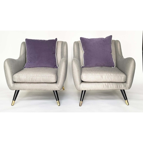 671 - HOOPER ARMCHAIRS, a pair, 1960s style with silver grey upholstery and outswept brass capped, togethe... 