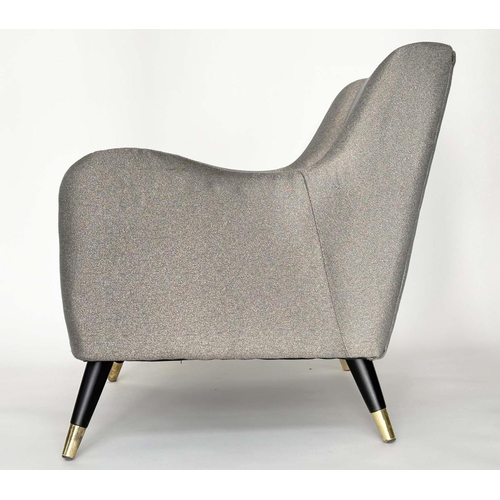 671 - HOOPER ARMCHAIRS, a pair, 1960s style with silver grey upholstery and outswept brass capped, togethe... 