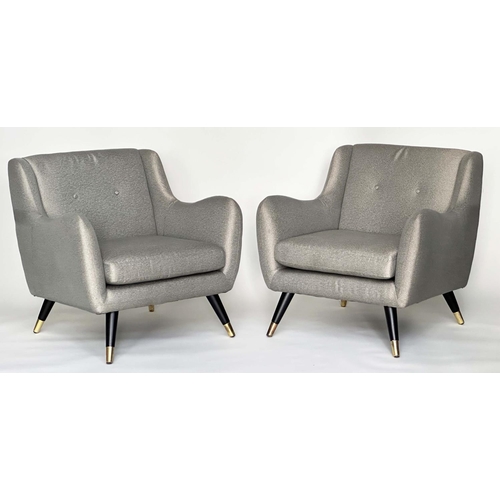 671 - HOOPER ARMCHAIRS, a pair, 1960s style with silver grey upholstery and outswept brass capped, togethe... 