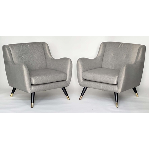 671 - HOOPER ARMCHAIRS, a pair, 1960s style with silver grey upholstery and outswept brass capped, togethe... 