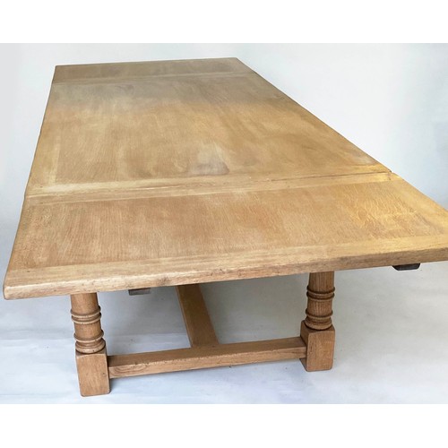 660 - DRAWLEAF REFECTORY TABLE, English refectory style oak extending with two leaves with turned pillar s... 