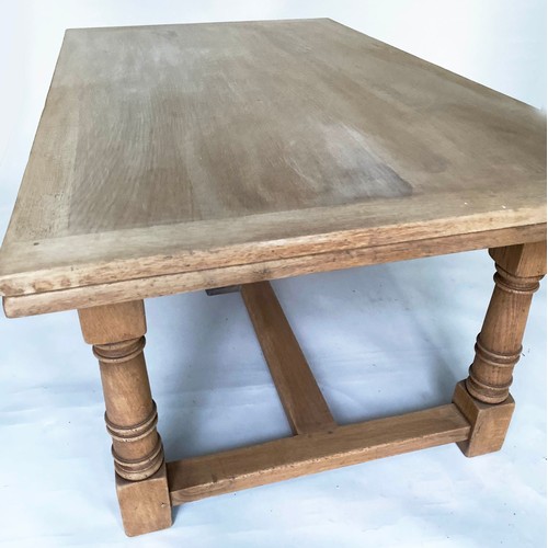 660 - DRAWLEAF REFECTORY TABLE, English refectory style oak extending with two leaves with turned pillar s... 