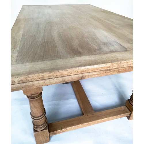 660 - DRAWLEAF REFECTORY TABLE, English refectory style oak extending with two leaves with turned pillar s... 