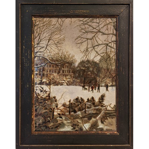 88 - BARBARA J CARTER (Contemporary school), 'Ladbroke Square Garden in the snow', oil on board, 30cm x 3... 