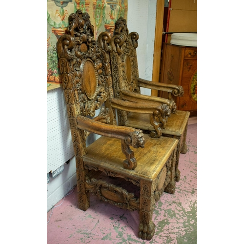 342 - THRONE CHAIRS, a near pair, late 19th century Continental carved oak, tallest 139cm H x 60cm W. (2)