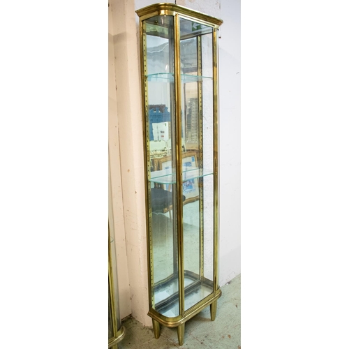 351 - DISPLAY CABINETS, 200cm H x 55cm W x 23cm D, a pair, circa 1900, brass of narrow form, each with gla... 