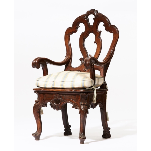 622 - OPEN ARMCHAIR, 116cm H x 63cm, 18th century Italian walnut with striped squab cushion.