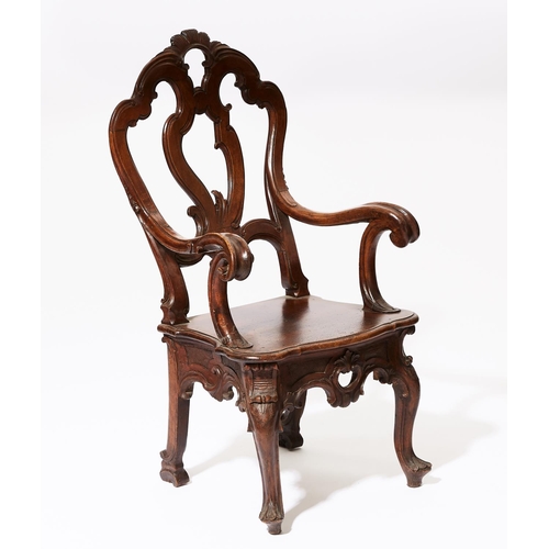 622 - OPEN ARMCHAIR, 116cm H x 63cm, 18th century Italian walnut with striped squab cushion.