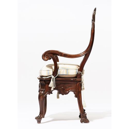 622 - OPEN ARMCHAIR, 116cm H x 63cm, 18th century Italian walnut with striped squab cushion.