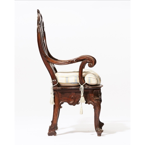 622 - OPEN ARMCHAIR, 116cm H x 63cm, 18th century Italian walnut with striped squab cushion.