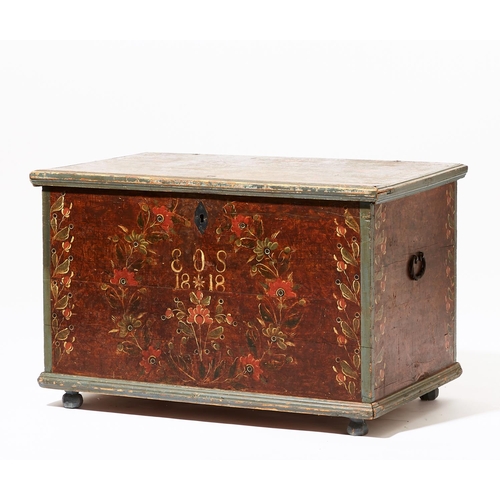 623 - TRUNK, 71cm H x 108cm x 69cm Swedish floral painted pine, initialed 'EOS' and dated 1818, with inter... 