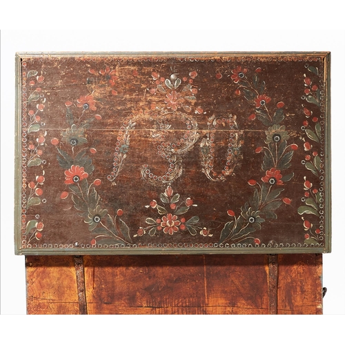 623 - TRUNK, 71cm H x 108cm x 69cm Swedish floral painted pine, initialed 'EOS' and dated 1818, with inter... 