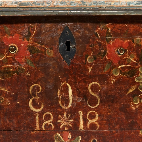 623 - TRUNK, 71cm H x 108cm x 69cm Swedish floral painted pine, initialed 'EOS' and dated 1818, with inter... 