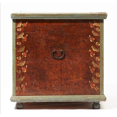 623 - TRUNK, 71cm H x 108cm x 69cm Swedish floral painted pine, initialed 'EOS' and dated 1818, with inter... 