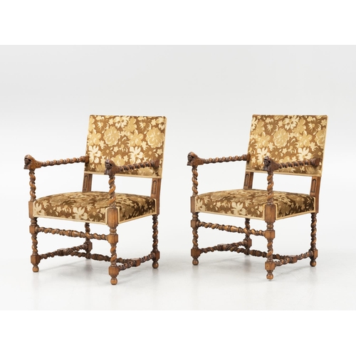 626 - OPEN ARMCHAIRS, 91cm H x 63cm W, a pair, early 20th century Swedish oak, in foliate patterned velvet... 