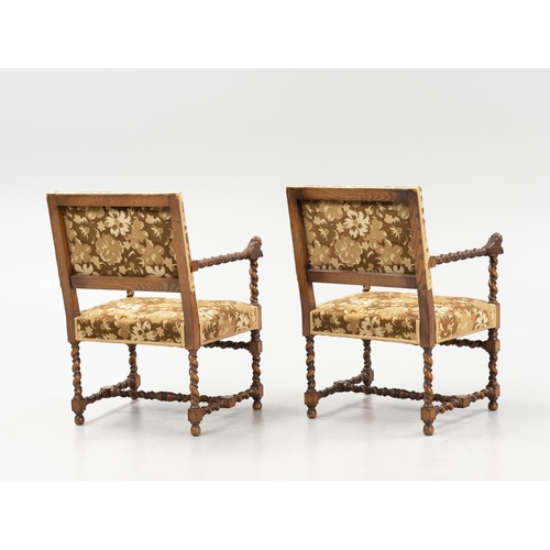 626 - OPEN ARMCHAIRS, 91cm H x 63cm W, a pair, early 20th century Swedish oak, in foliate patterned velvet... 