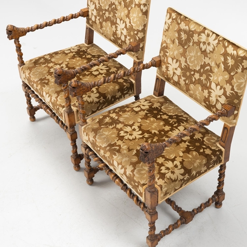 626 - OPEN ARMCHAIRS, 91cm H x 63cm W, a pair, early 20th century Swedish oak, in foliate patterned velvet... 