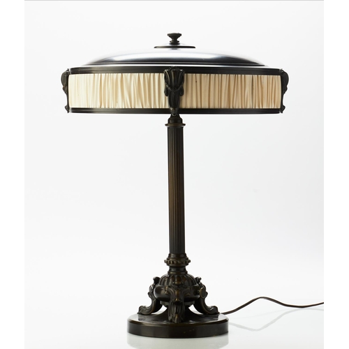 629 - TABLE LAMP, 55cm H x 40cm, Empire style patinated metal and fabric lined with two lights.