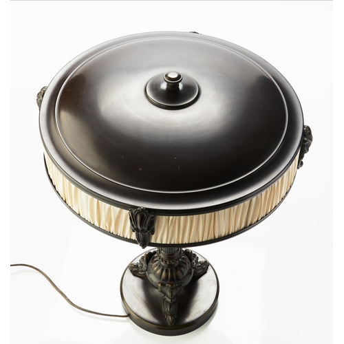 629 - TABLE LAMP, 55cm H x 40cm, Empire style patinated metal and fabric lined with two lights.