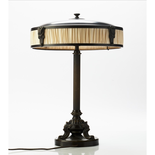 629 - TABLE LAMP, 55cm H x 40cm, Empire style patinated metal and fabric lined with two lights.