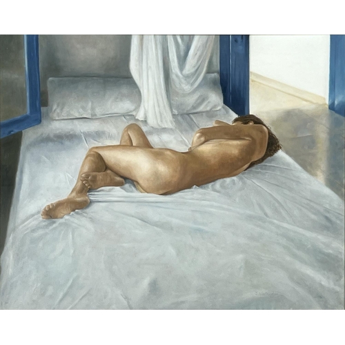 104 - JOHN WORTHINGTON, 'Warm skin figure study', oil on canvas, 48cm x 59cm, signed, framed.