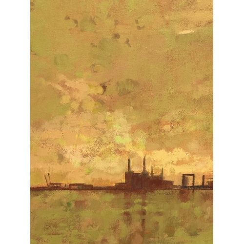 122 - MELANIE ESSEX, 'Battersea orange sky', oil on canvas, 38cm x 29.5cm, inscribed verso.