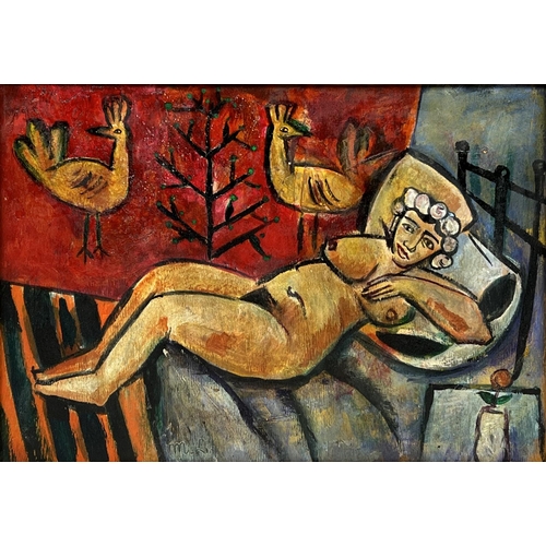 91 - MIKHAIL LARIONOV (Russian 1881-1964), 'Resting venus', oil on board, 1911-1912, 24cm x 33cm, framed.