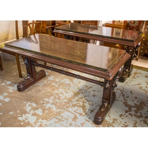 331 - CENTRE TABLES, 71cm H x 145cm W x 68cm D, a pair, Victorian mahogany with modern loose painted tops.... 