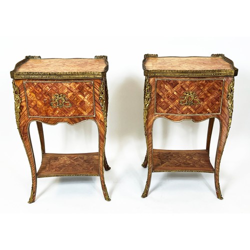 348 - BEDSIDE TABLES, 70cm H x 44cm x 32cm D, a pair, 18th century style Italian faded tulipwood parquetry... 