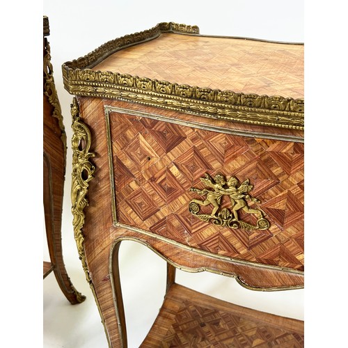 348 - BEDSIDE TABLES, 70cm H x 44cm x 32cm D, a pair, 18th century style Italian faded tulipwood parquetry... 