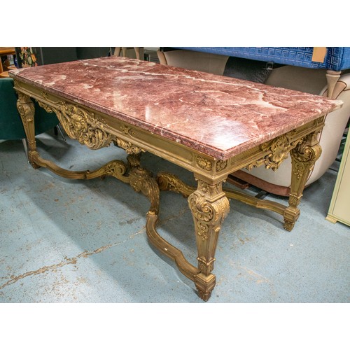 630 - CENTRE TABLE, 87cm H x 216cm W x 105cm D, circa 1900, French giltwood with rouge marble top on shell... 