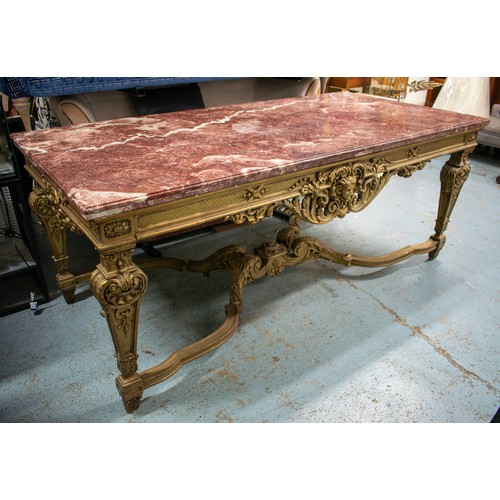 630 - CENTRE TABLE, 87cm H x 216cm W x 105cm D, circa 1900, French giltwood with rouge marble top on shell... 