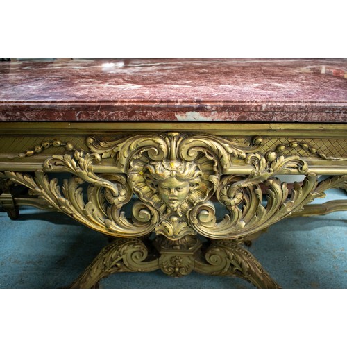 630 - CENTRE TABLE, 87cm H x 216cm W x 105cm D, circa 1900, French giltwood with rouge marble top on shell... 