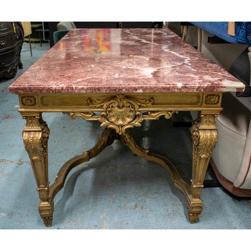 630 - CENTRE TABLE, 87cm H x 216cm W x 105cm D, circa 1900, French giltwood with rouge marble top on shell... 