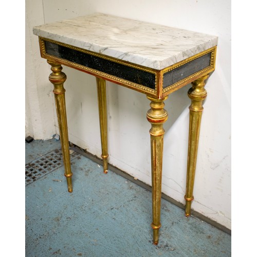 631 - CONSOLE TABLE, 84cm H x 63cm W x 35cm D, Louis XVI style giltwood with carrera marble top and speckl... 