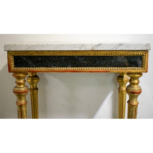 631 - CONSOLE TABLE, 84cm H x 63cm W x 35cm D, Louis XVI style giltwood with carrera marble top and speckl... 