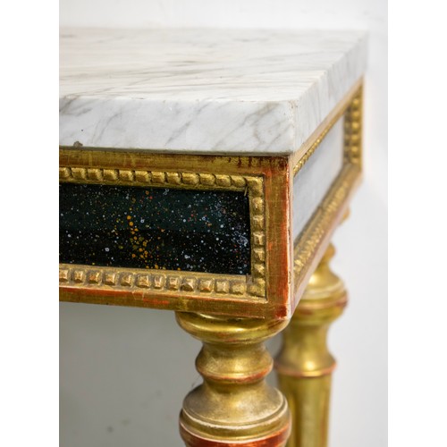 631 - CONSOLE TABLE, 84cm H x 63cm W x 35cm D, Louis XVI style giltwood with carrera marble top and speckl... 