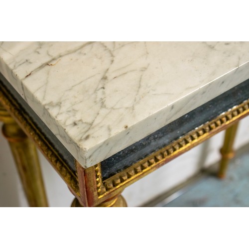 631 - CONSOLE TABLE, 84cm H x 63cm W x 35cm D, Louis XVI style giltwood with carrera marble top and speckl... 