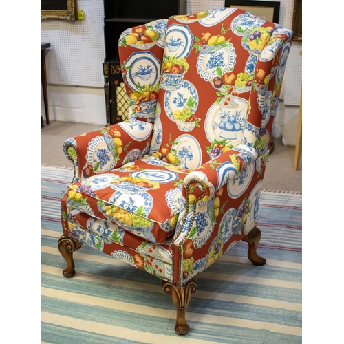 328 - WING ARMCHAIR, 116cm H x 81cm, Queen Anne style in Jane Churchill fruit bowl upholstery.