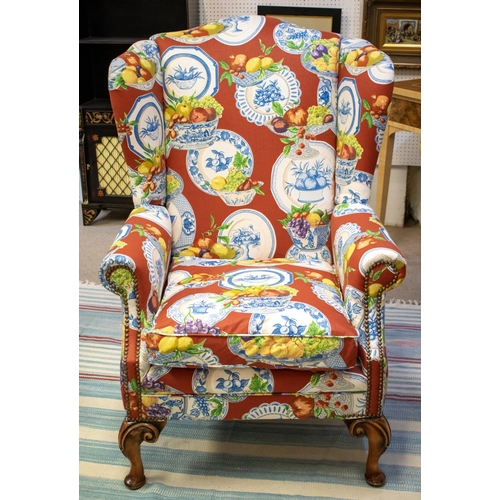 328 - WING ARMCHAIR, 116cm H x 81cm, Queen Anne style in Jane Churchill fruit bowl upholstery.