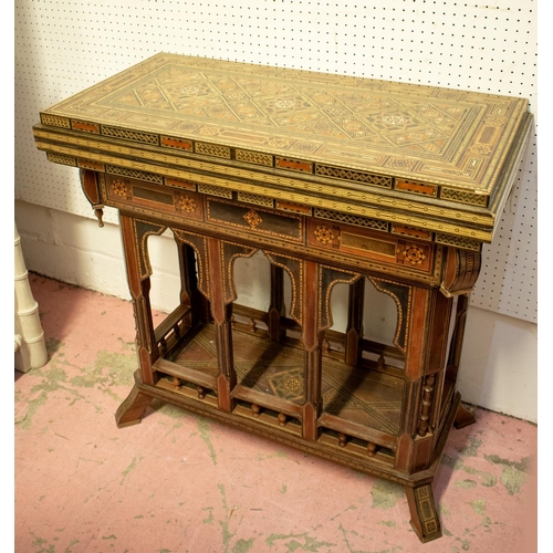 379 - SYRIAN GAMES TABLE, 78cm H x 83cm x 41cm, inlaid with folding top, with central section which lifts ... 