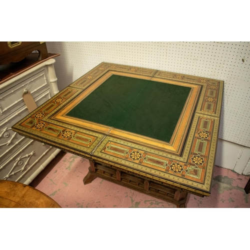 379 - SYRIAN GAMES TABLE, 78cm H x 83cm x 41cm, inlaid with folding top, with central section which lifts ... 