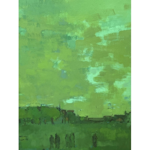 123 - MELANIE ESSEX, 'Gathering', oil on canvas, 69cm x 49cm, framed, inscribed verso.