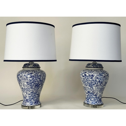 233 - TABLE LAMPS, a pair Chinese  blue and white ceramic of lidded vase form, stylised foliage and clear ... 