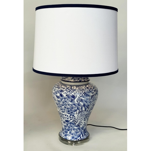 233 - TABLE LAMPS, a pair Chinese  blue and white ceramic of lidded vase form, stylised foliage and clear ... 