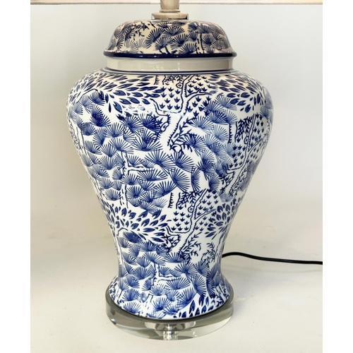 233 - TABLE LAMPS, a pair Chinese  blue and white ceramic of lidded vase form, stylised foliage and clear ... 