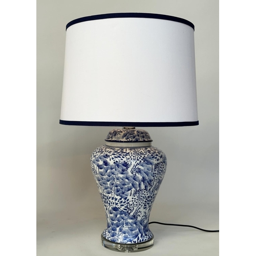 233 - TABLE LAMPS, a pair Chinese  blue and white ceramic of lidded vase form, stylised foliage and clear ... 