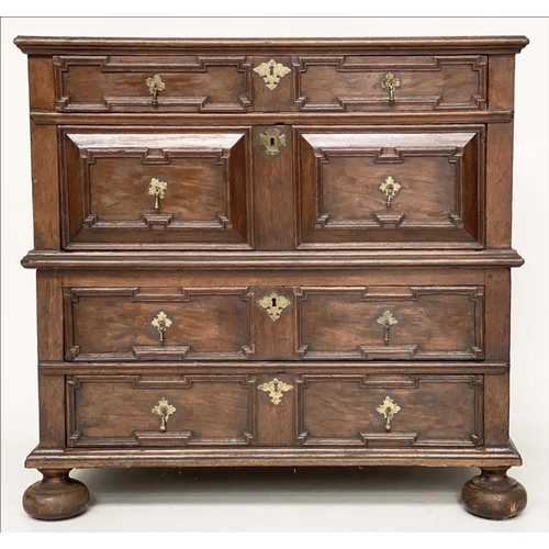 240 - WILLIAM & MARY OAK CHEST, late 17th century English with four long moulded and panelled drawers. 97c... 