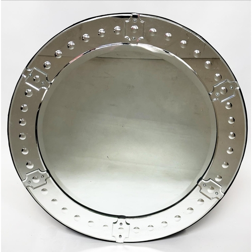 247 - WALL MIRROR, Venetian style circular beveled with etched marginal plates, 100cm W.